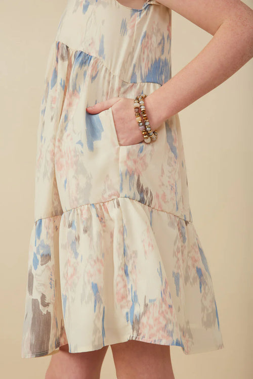 Watercolor V Neck Tiered Ruffled Dress