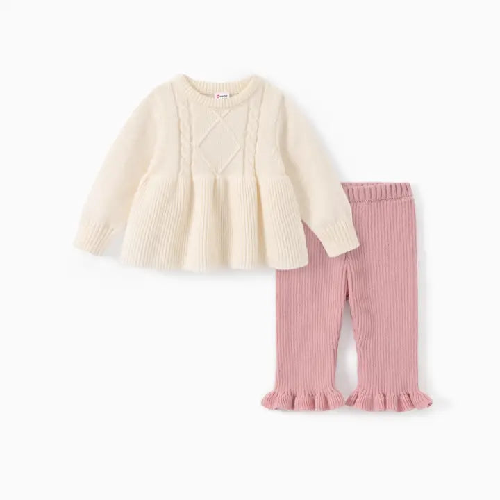 2pcs Sweater Ruffled Top and Pants Set