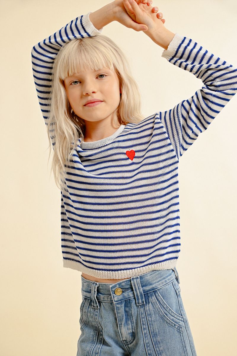 White & Navy Striped Long Slv Top