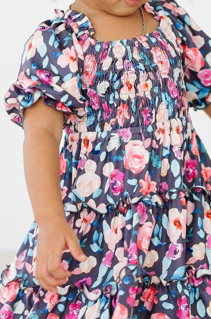 BEAUTY IN BLOOM SMOCKED RUFFLE DRESS