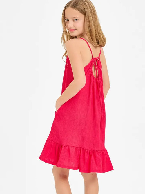 Crinkle Cherry Texture Low Back Ruffle Dress