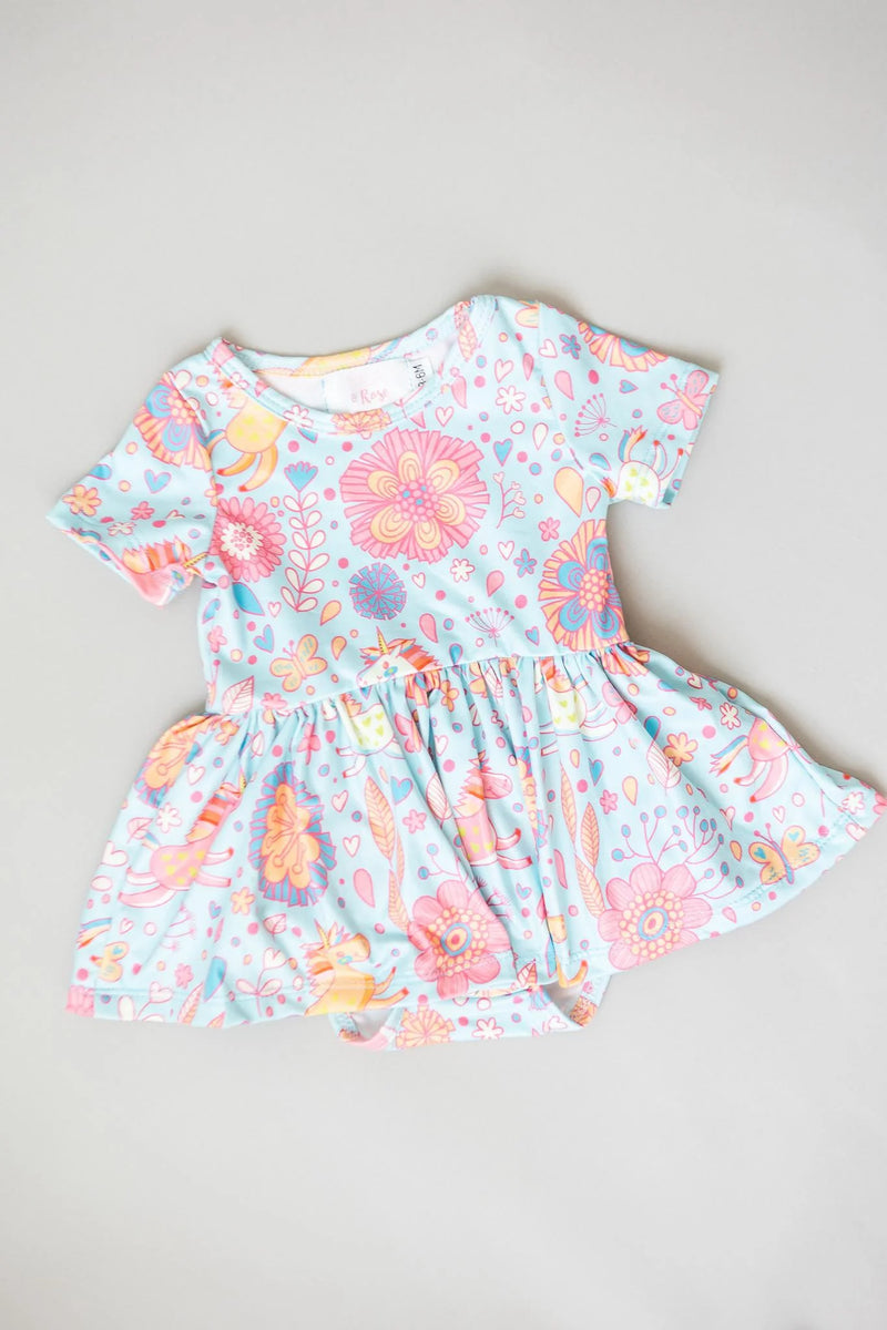 BLUE RETRO UNICORNS S/S TWIRL BODYSUIT