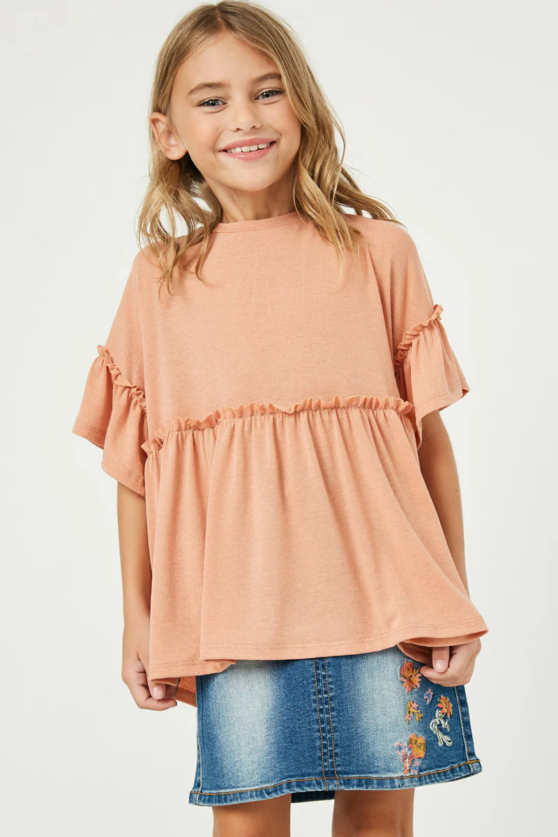 Salmon Ruffle Detail Peplum Knit Top