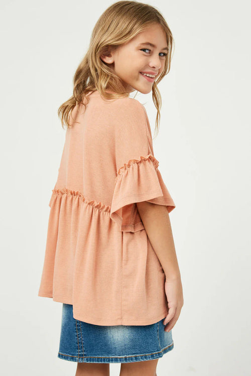 Salmon Ruffle Detail Peplum Knit Top