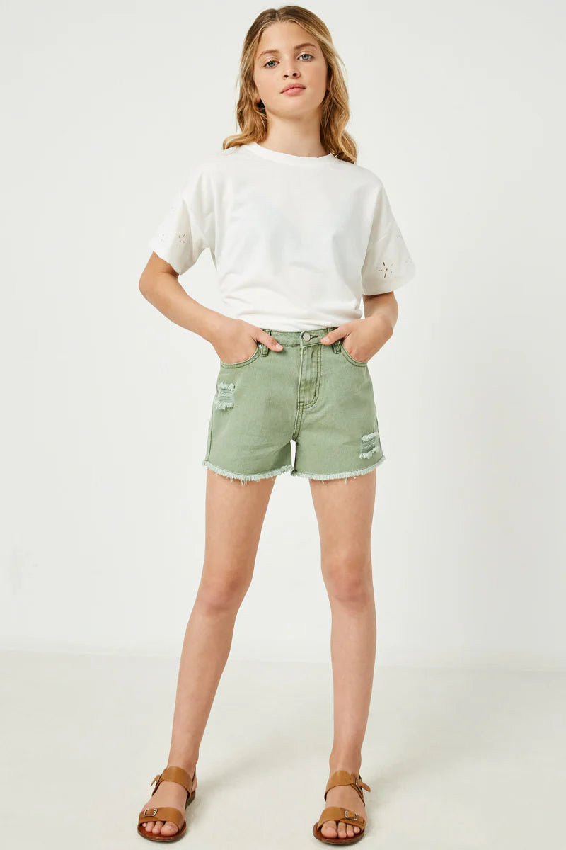 Olive Distressed Washed Color Denim Shorts