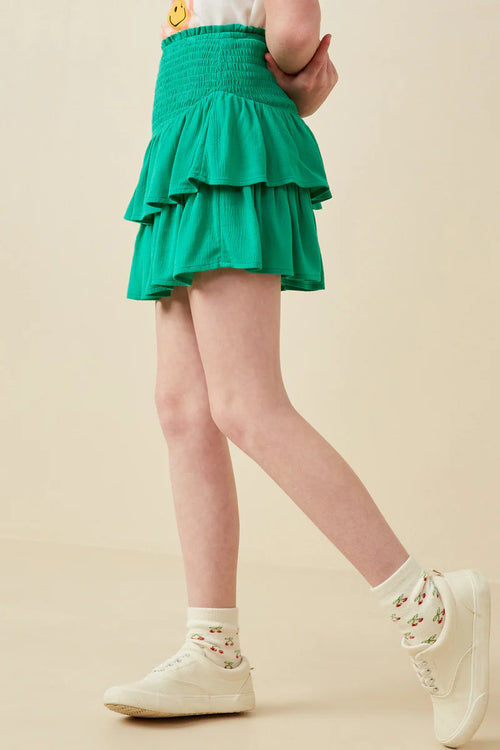 Green Smocked Ruffle Tiered Mini Skirt