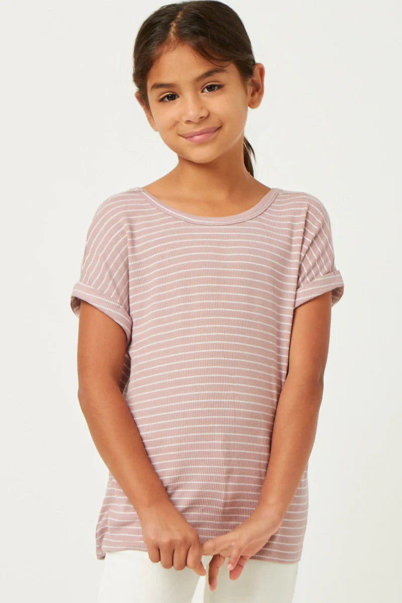 Mauve Ribbed Stripe Cross Back Knit Tee