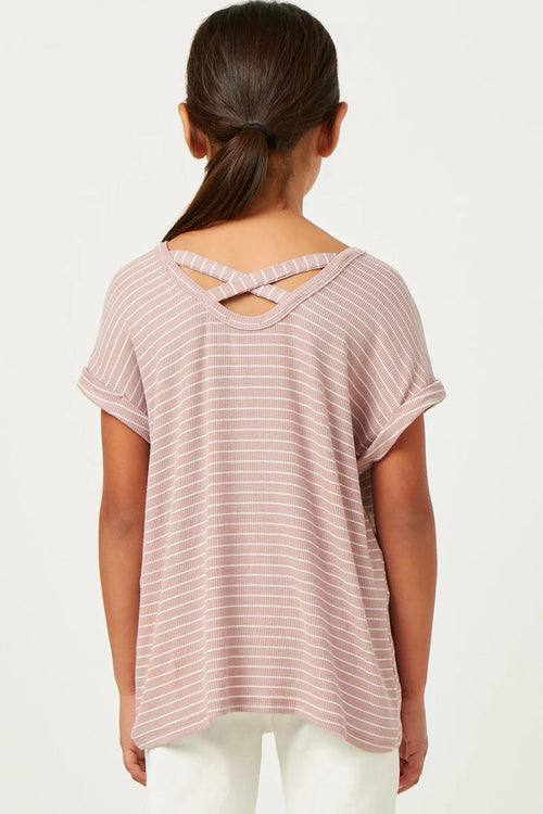 Mauve Ribbed Stripe Cross Back Knit Tee