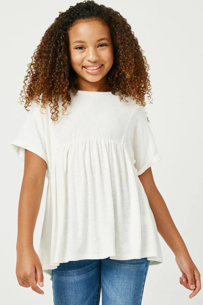 White Ribbed Knit Paneled Baby Doll Top