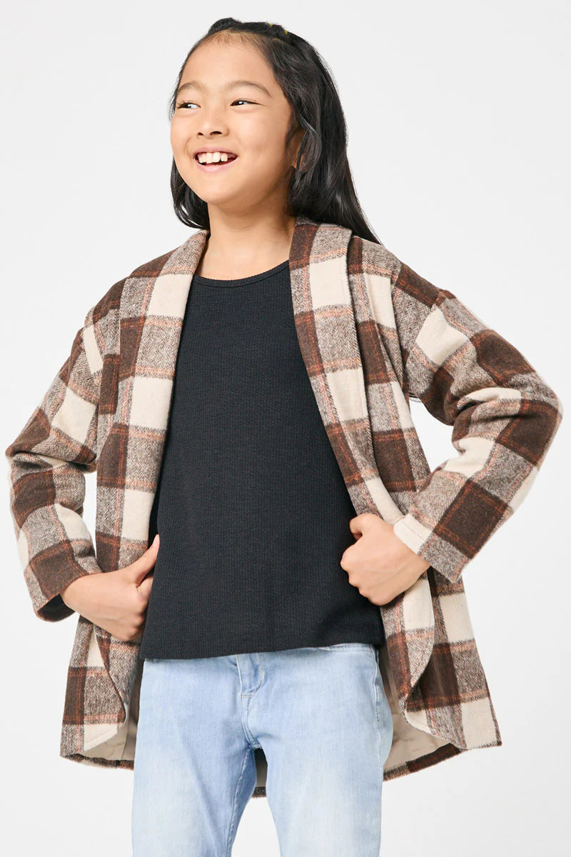 Taupe Brushed Plaid Shawl Collar Open Jacket