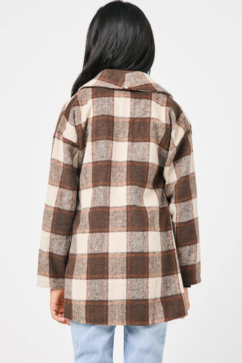 Taupe Brushed Plaid Shawl Collar Open Jacket