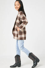 Taupe Brushed Plaid Shawl Collar Open Jacket