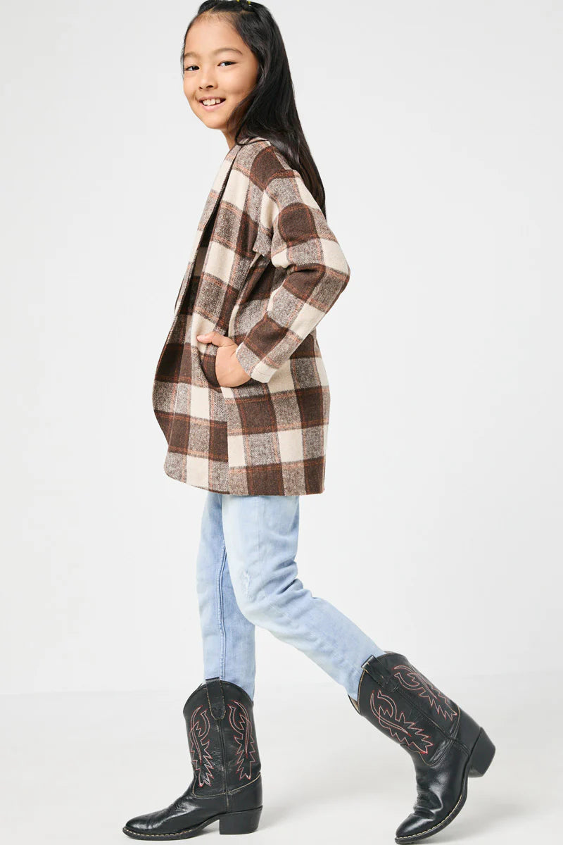 Taupe Brushed Plaid Shawl Collar Open Jacket