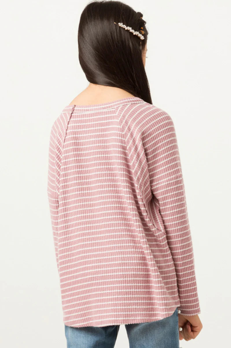 Brushed Striped Long Sleeve Raw Edge Detail Top