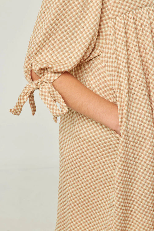 Textured Knit Gingham Square Neck Tie Sleeve Dress