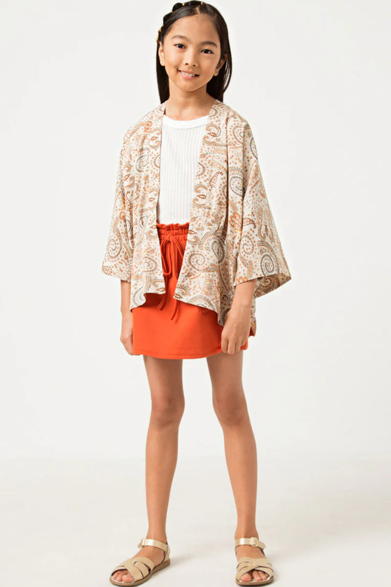 Paisley Print Cropped Sleeve Open Kimono