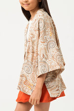 Paisley Print Cropped Sleeve Open Kimono