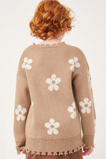 Taupe Distressed Floral Patterned Pullover Sweater