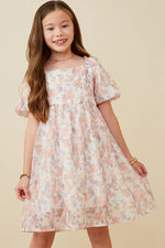 Watercolor Print Smocked Back Trumpet Sleeve Dress