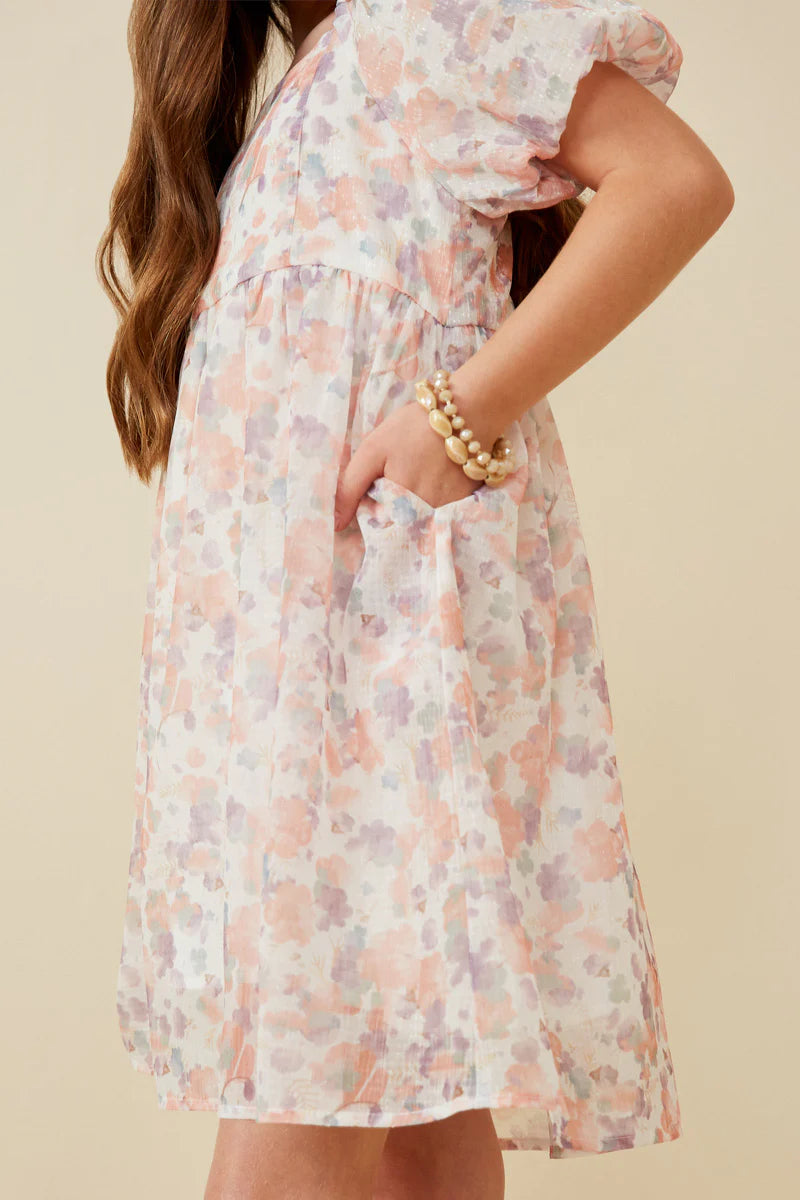 Watercolor Print Smocked Back Trumpet Sleeve Dress