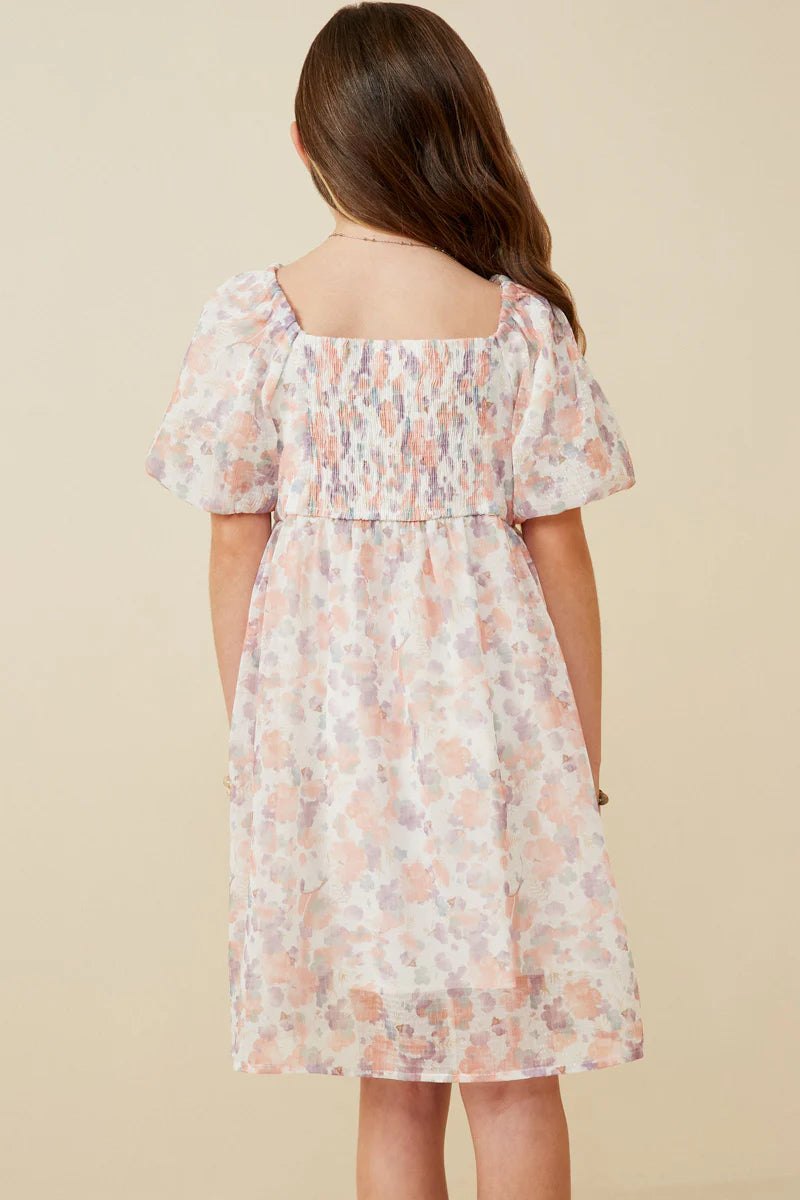 Watercolor Print Smocked Back Trumpet Sleeve Dress