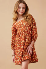 Floral Printed Corduroy Pleated Sleeve Dress