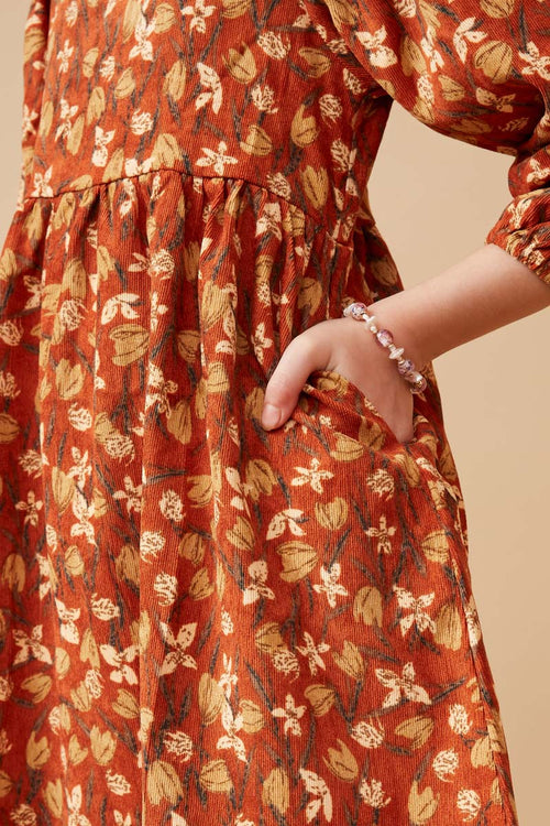 Floral Printed Corduroy Pleated Sleeve Dress