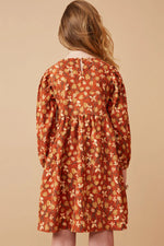 Floral Printed Corduroy Pleated Sleeve Dress