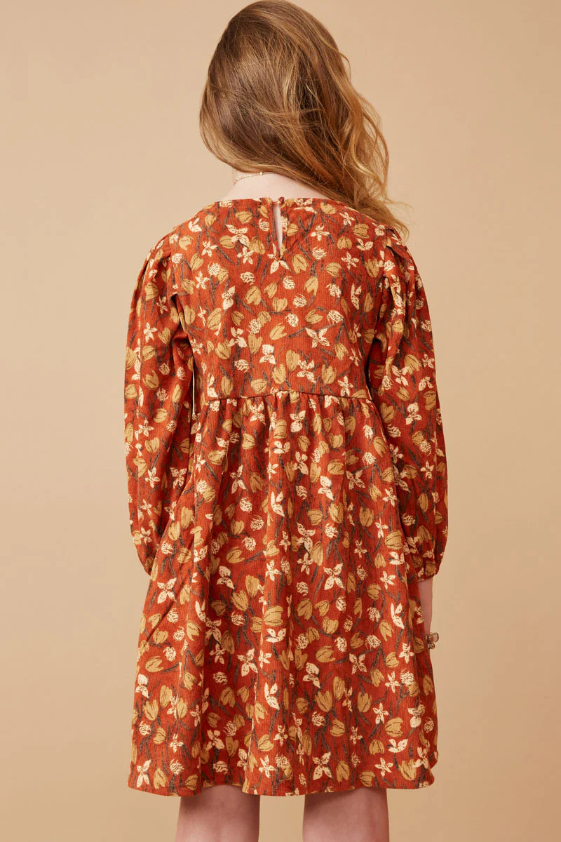 Floral Printed Corduroy Pleated Sleeve Dress