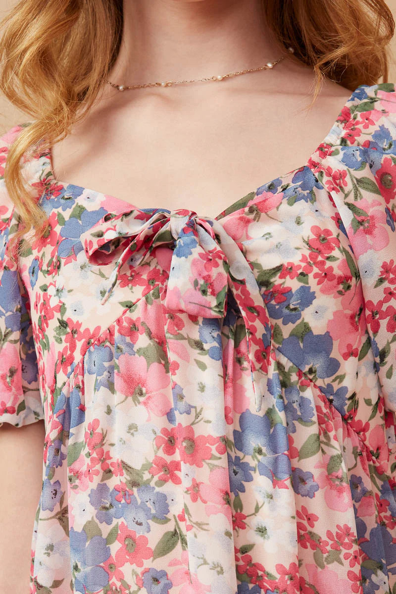 Spring Floral Puff Sleeve Bow Front Dress