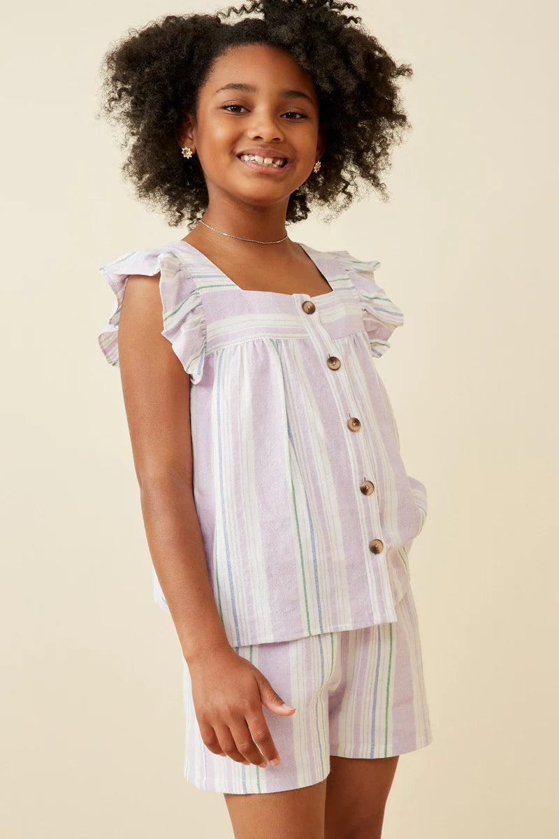 Striped Square neck Ruffled Button Top