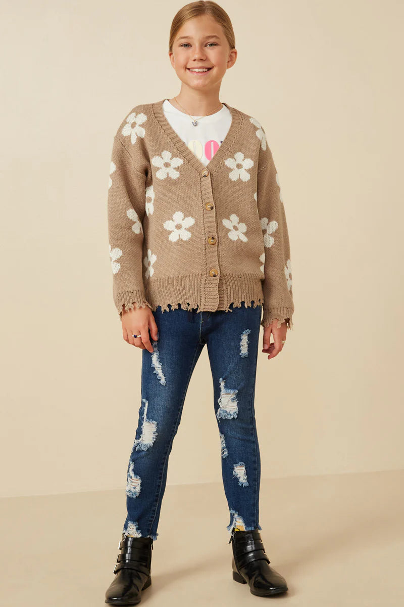 Taupe Distressed Floral Patterned Cardigan