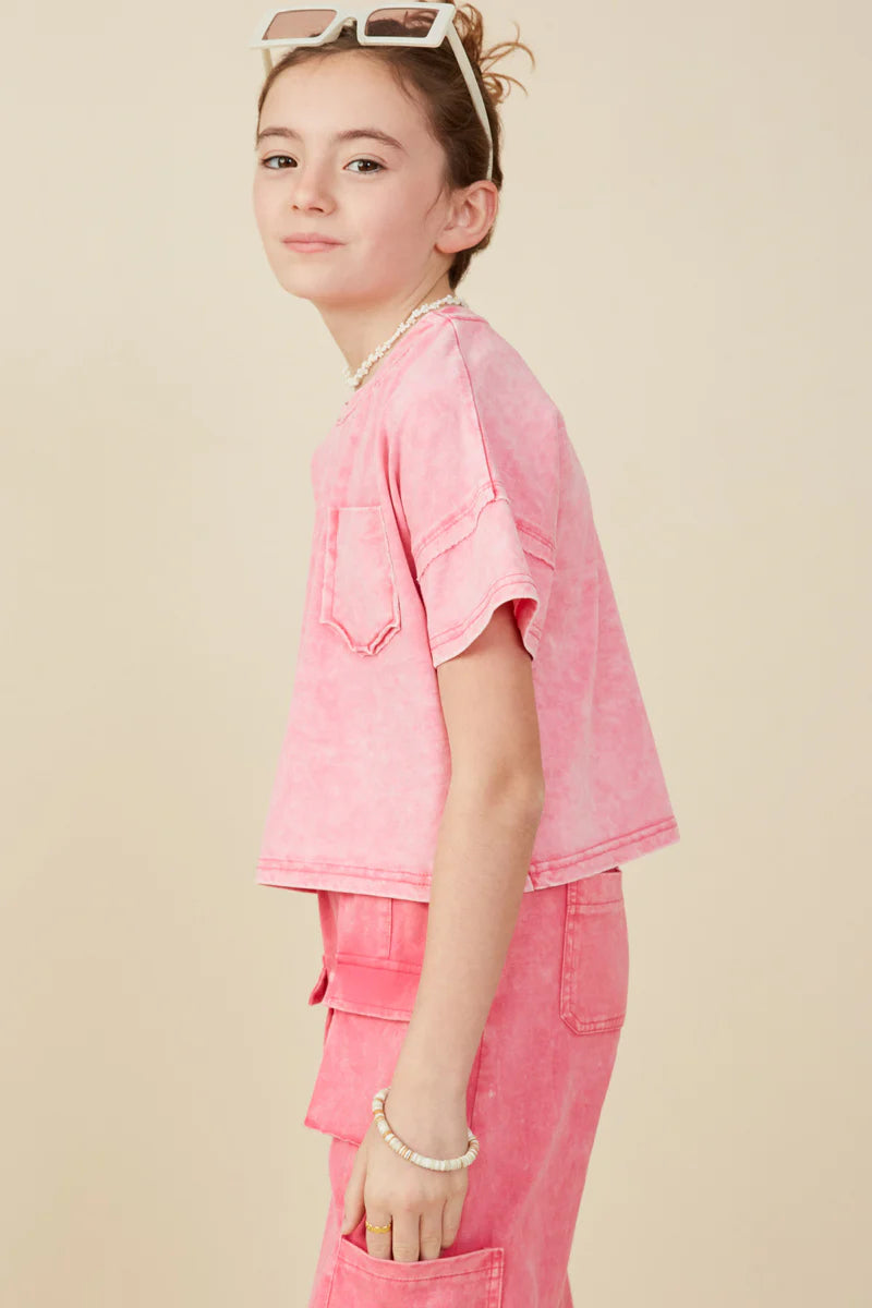 Washed Raw Edge Detail Pocket T Shirt