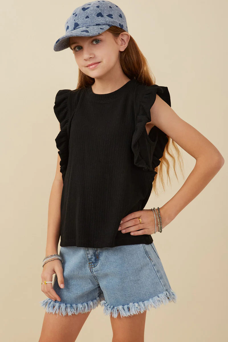 Black Ribbed Ruffled Detail Knit Tank