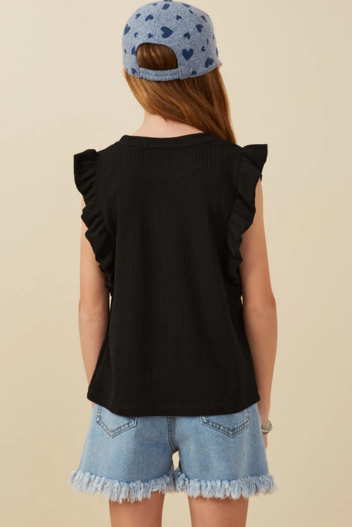 Black Ribbed Ruffled Detail Knit Tank