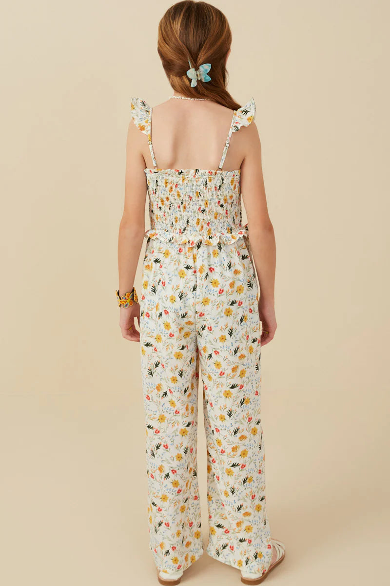 Ditsy Floral Smocked Ruffle Detail Jumpsuit