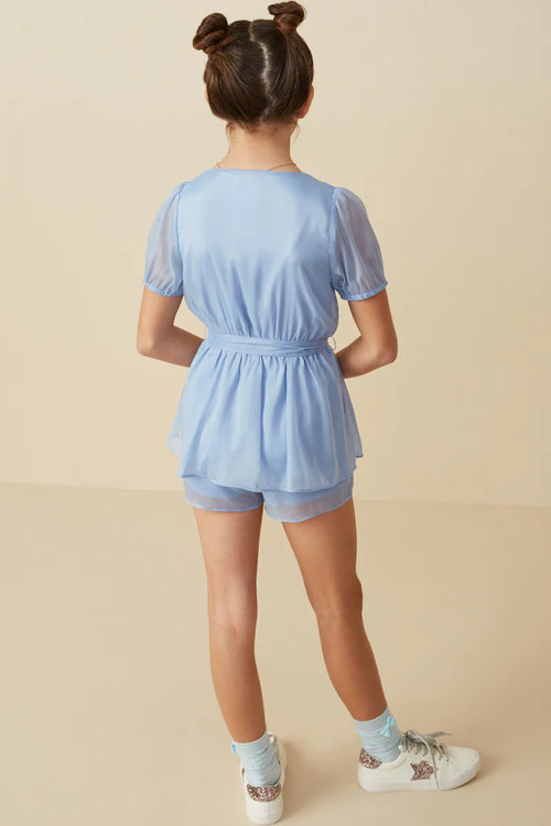 Belted Surplice Peplum Layer Organza Romper