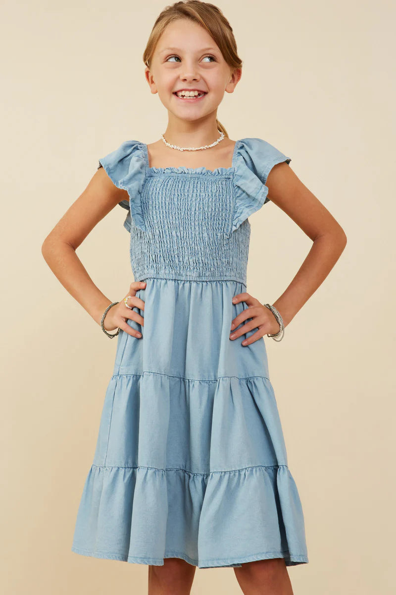 Smocked Detail Ruffled Sleeveless Tencel Dress