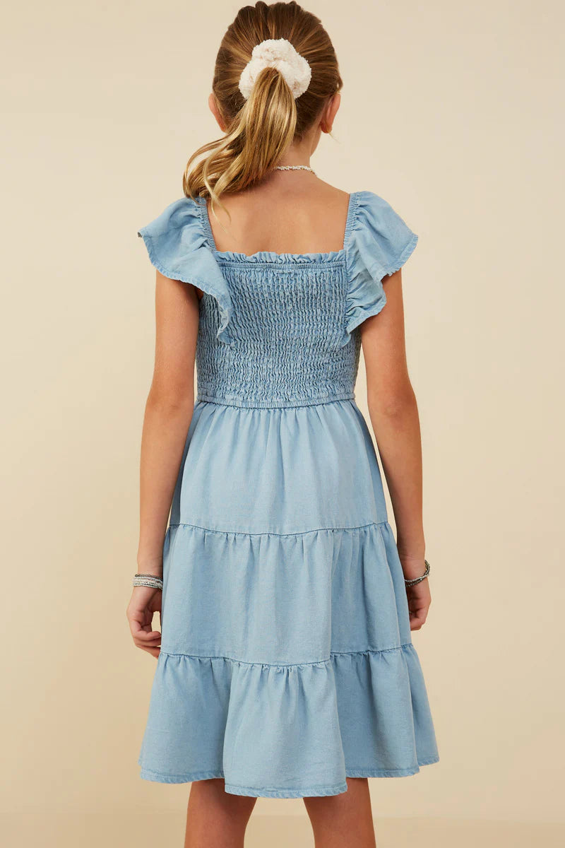Smocked Detail Ruffled Sleeveless Tencel Dress