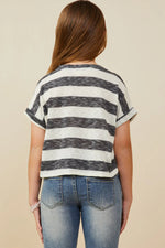 Charcoal Heathered Stripe V Neck Knit Top