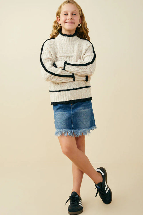 Piped Mixed Cable Knit Sweater Top