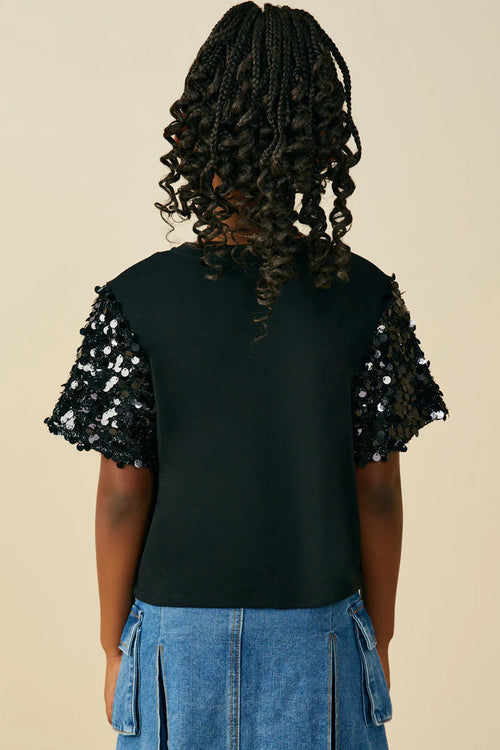 Black Sequin Sleeved Knit Short Sleeve Top