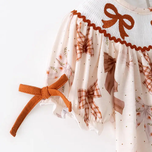 Brown Bow Embroidery Smocked Dress