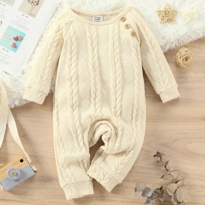 Solid Cable Knit Long-Sleeve Jumpsuit