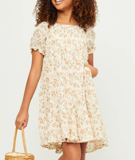 Pleated Floral Print Square Neck Tiered Dress