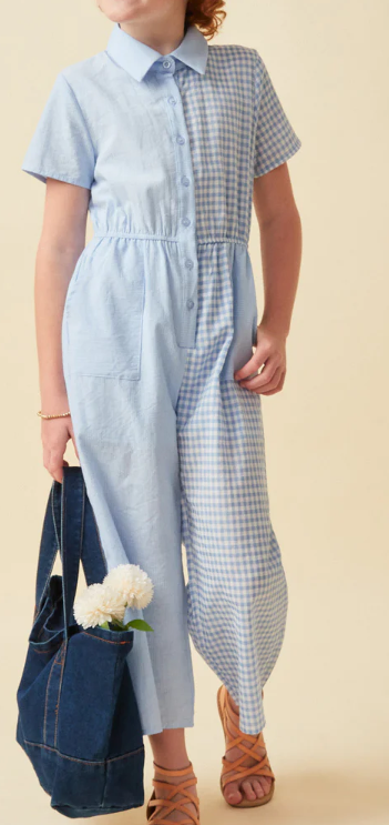 Print Block Collared Button Up Jumpsuit