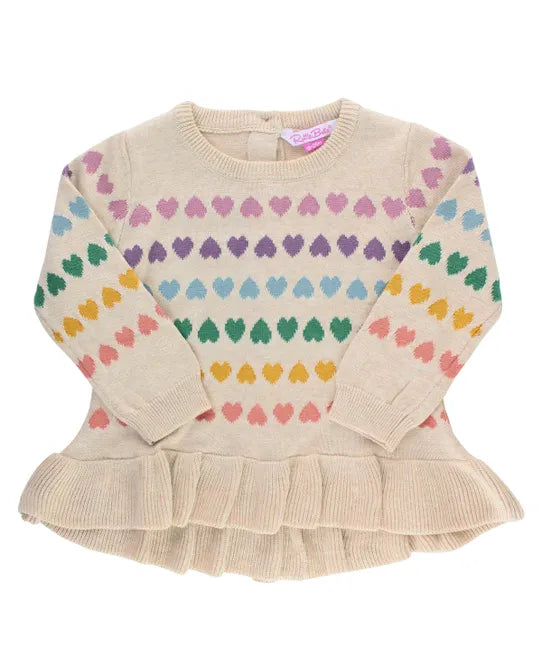 Rainbow Hearts Ruffle Hem Sweater